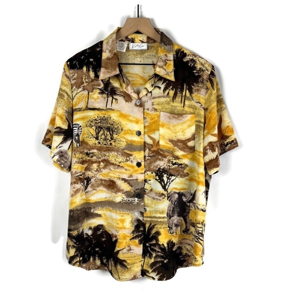 RARE Women's Africa Safari Print Chiffon Shirt Size 14 Elephant Party Vacation